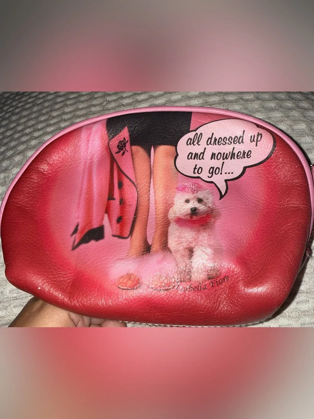 Vintage Y2K Isabella Fiore Pink Faux-Leather Cosmetic Pouch with Dog Graphic